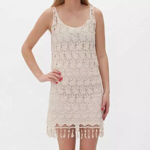 Others Follow Anthropologie Crochet Tunic Dress Tassels Sleeveless Cream Boho S